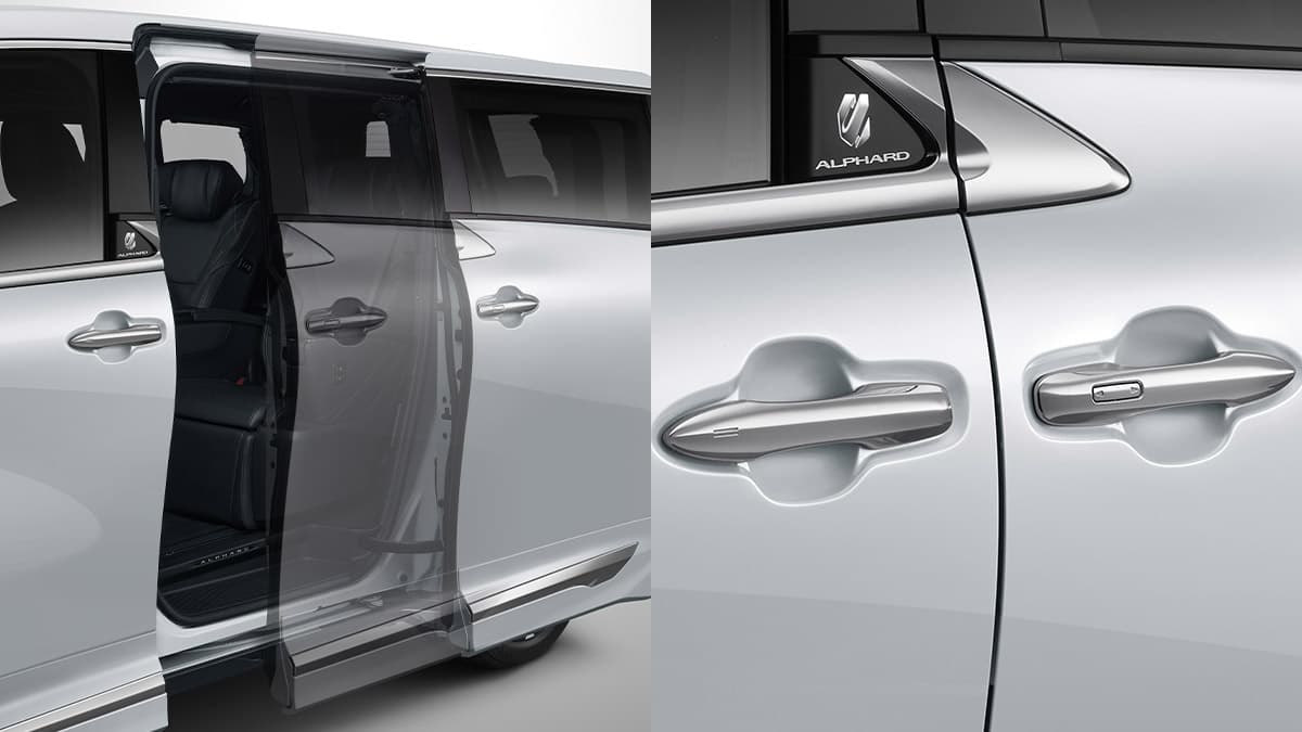 Toyota Alphard menggunakan pintu geser elektrik yang memudahkan akses penumpang. Pintu dapat dibuka dan ditutup secara otomatis. Handle pintu sudah dilengkapi smart entry sehingga pintu dapat dibuka tanpa menggunakan kunci secara manual.