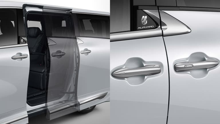 Toyota Alphard menggunakan pintu geser elektrik yang memudahkan akses penumpang. Pintu dapat dibuka dan ditutup secara otomatis. Handle pintu sudah dilengkapi smart entry sehingga pintu dapat dibuka tanpa menggunakan kunci secara manual.