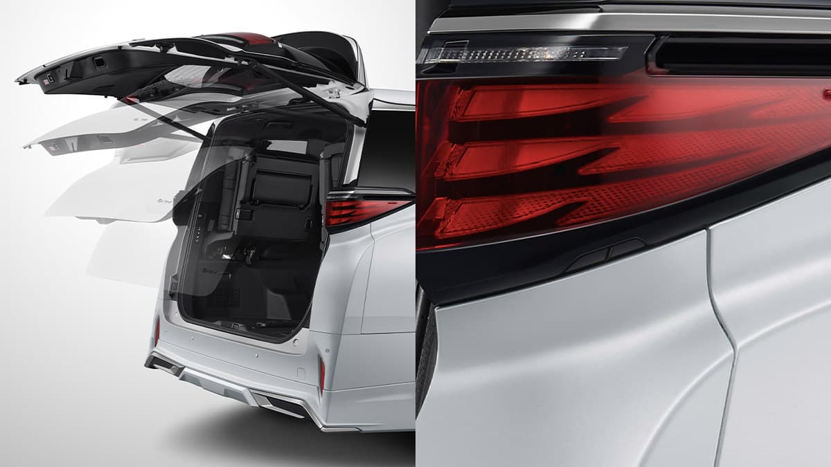Toyota Alphard dilengkapi power back door yang dapat terbuka dan tertutup otomatis untuk memudahkan akses bagasi. Lampu belakang menggunakan LED dengan desain modern yang memberi pencahayaan lebih jelas serta tampilan yang lebih elegan.