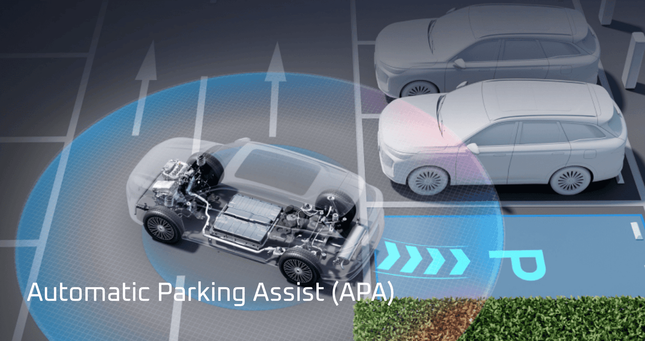 Fitur yang membantu kendaraan parkir secara automatis dengan bantuan sensor dan kamera yang terdapat pada sudut mobil