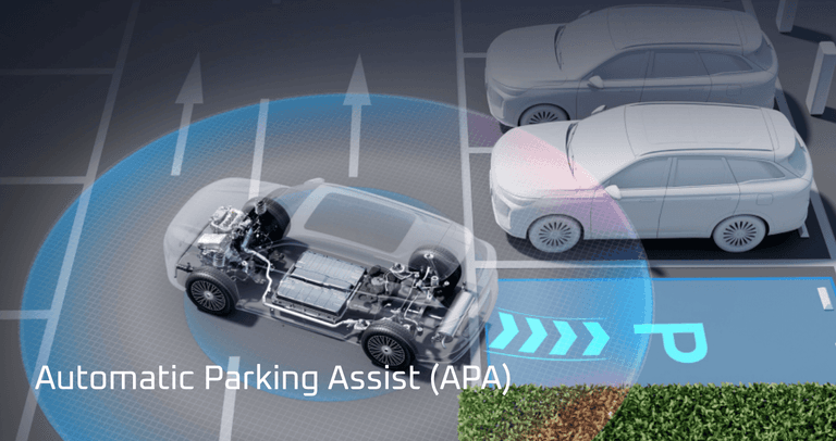 Fitur yang membantu kendaraan parkir secara automatis dengan bantuan sensor dan kamera yang terdapat pada sudut mobil