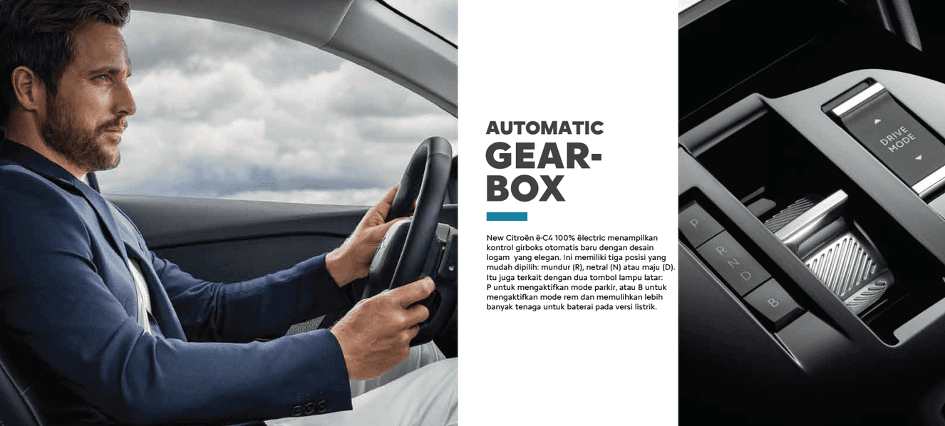 New Citroën ë-C4 100% ëlectric menampilkan
kontrol girboks otomatis baru dengan desain
logam yang elegan.