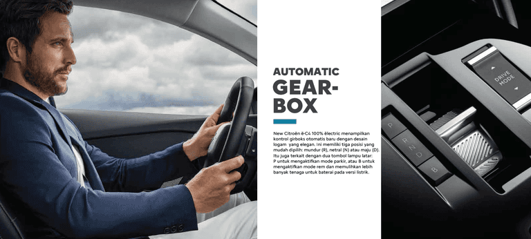 New Citroën ë-C4 100% ëlectric menampilkan
kontrol girboks otomatis baru dengan desain
logam yang elegan.