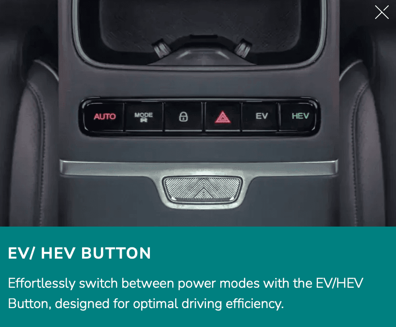 Effortlessly switch between power modes with the EV/HEV Button, designed for optimal driving efficiency.
