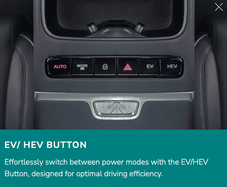 Effortlessly switch between power modes with the EV/HEV Button, designed for optimal driving efficiency.