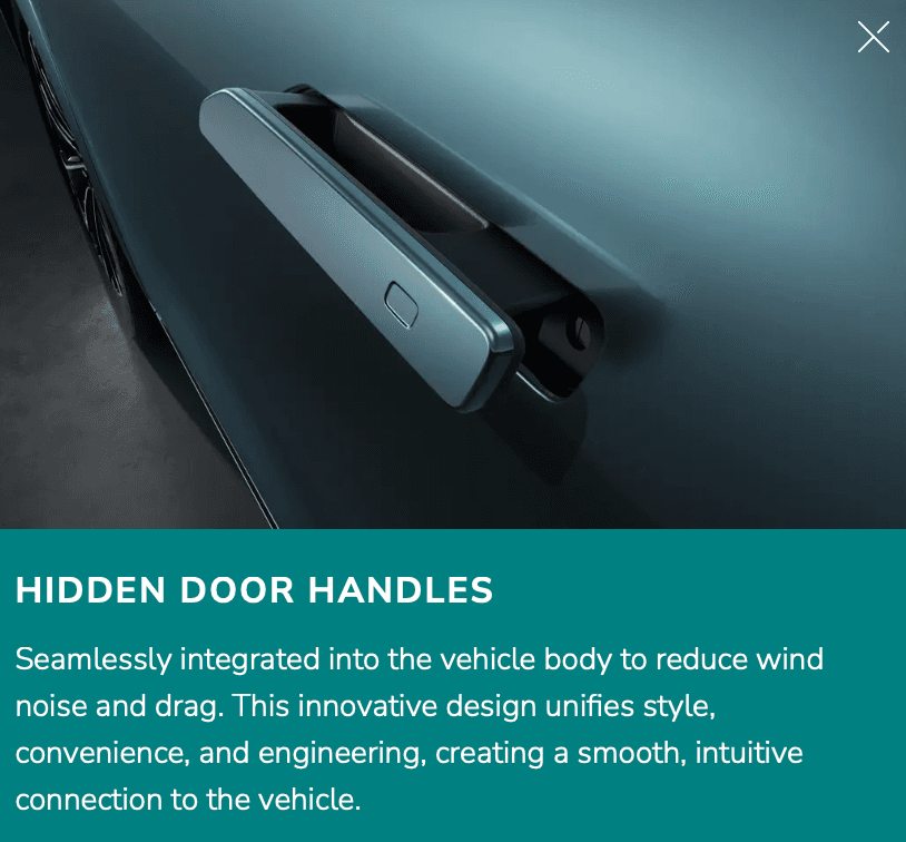 Seamlessly integrated into the vehicle body to reduce wind noise and drag. This innovative design unifies style, convenience, and engineering, creating a smooth, intuitive connection to the vehicle.