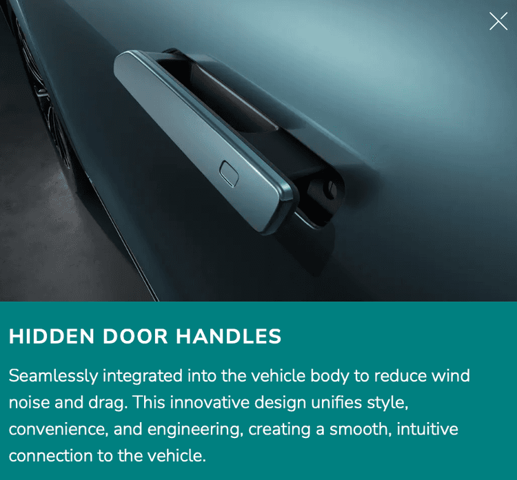 Seamlessly integrated into the vehicle body to reduce wind noise and drag. This innovative design unifies style, convenience, and engineering, creating a smooth, intuitive connection to the vehicle.
