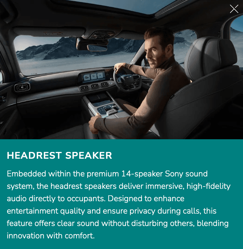 Embedded within the premium 14-speaker Sony sound system, the headrest speakers deliver immersive, high-fidelity audio directly to occupants.