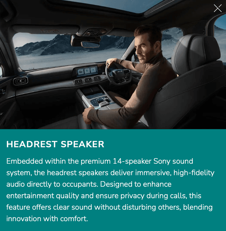 Embedded within the premium 14-speaker Sony sound system, the headrest speakers deliver immersive, high-fidelity audio directly to occupants.