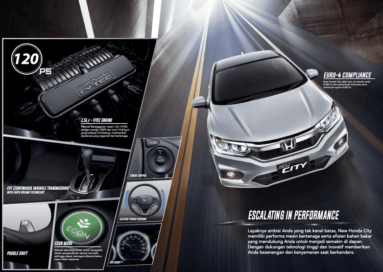Mesin 1.5L i-VTEC dengan tenaga hingga 120 PS. Akselerasi responsif dan efisiensi bahan bakar terjaga. Didukung teknologi CVT dan ECO Mode untuk berkendara nyaman dan stabil.