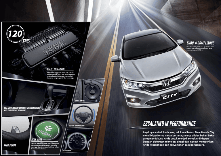 Mesin 1.5L i-VTEC dengan tenaga hingga 120 PS. Akselerasi responsif dan efisiensi bahan bakar terjaga. Didukung teknologi CVT dan ECO Mode untuk berkendara nyaman dan stabil.