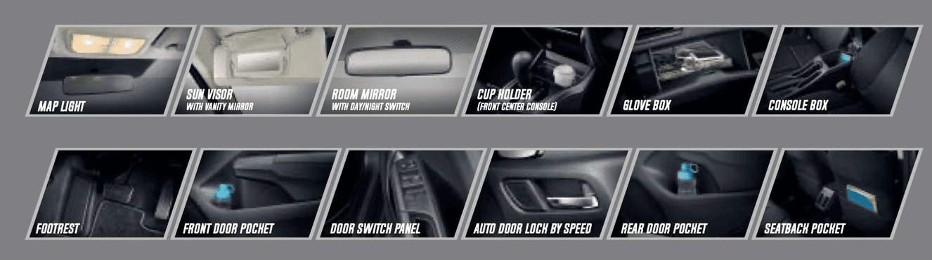 Beragam fitur kabin untuk kenyamanan harian. Tersedia map light, sun visor, cup holder, glove box, console box, door pocket, hingga seatback pocket. Mendukung kepraktisan seluruh penumpang.