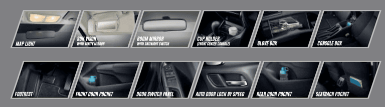 Beragam fitur kabin untuk kenyamanan harian. Tersedia map light, sun visor, cup holder, glove box, console box, door pocket, hingga seatback pocket. Mendukung kepraktisan seluruh penumpang.