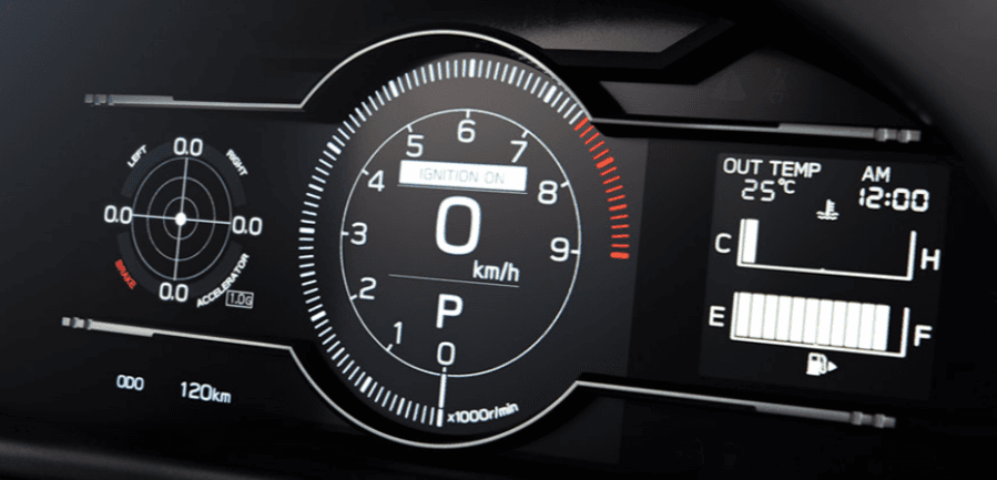 layar lcd berwarna tujuh inci yang menampilkan data performa seperti g-force meter dan takometer yang berubah tampilan saat beralih ke mode berkendara track.