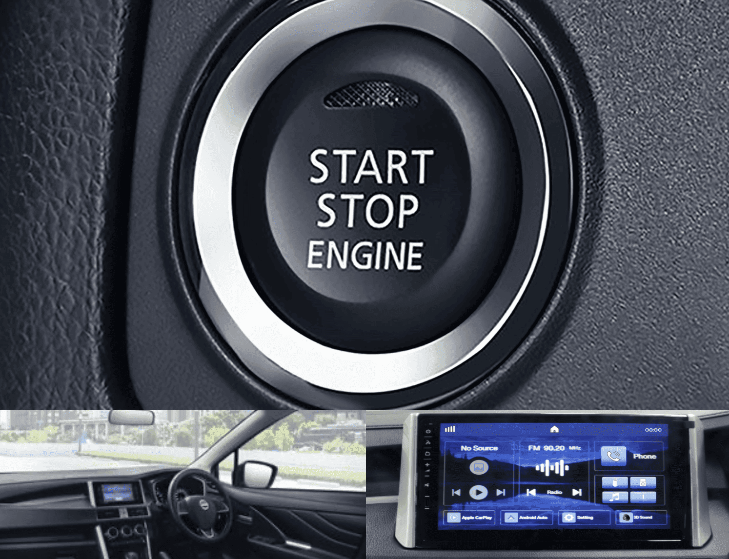 Tampilan interior Nissan Livina dilengkapi tombol Start Stop Engine untuk kemudahan menyalakan mesin tanpa kunci. Kabin terasa rapi dan ergonomis. Head unit layar sentuh mendukung Apple CarPlay