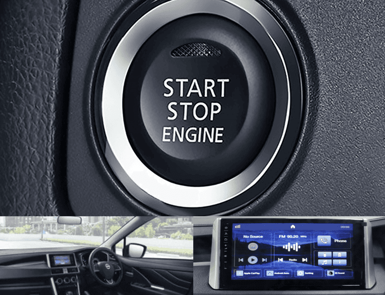 Tampilan interior Nissan Livina dilengkapi tombol Start Stop Engine untuk kemudahan menyalakan mesin tanpa kunci. Kabin terasa rapi dan ergonomis. Head unit layar sentuh mendukung Apple CarPlay