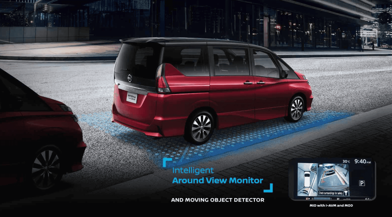 Fitur Intelligent Around View Monitor membantu Anda memantau kondisi sekitar kendaraan secara menyeluruh saat parkir atau bermanuver. Kamera 360 derajat dan Moving Object Detector meningkatkan visibilitas.